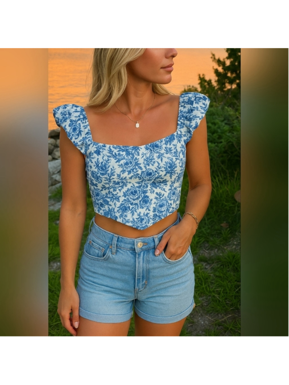 Blue & White Floral Ruffle Sleeve Crop Top size - 4